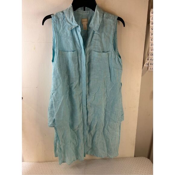 Chico's Weekend button linen tank top Size 0 small top buttons turquoise side sp - Picture 3 of 9